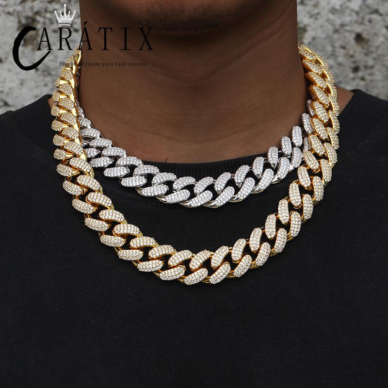 CARÁTIX 18mm Iced Out Cuban Link Chain Necklace – 3 Row CZ Rhombus Hip Hop Bling Jewelry for Men | Rapper Gift