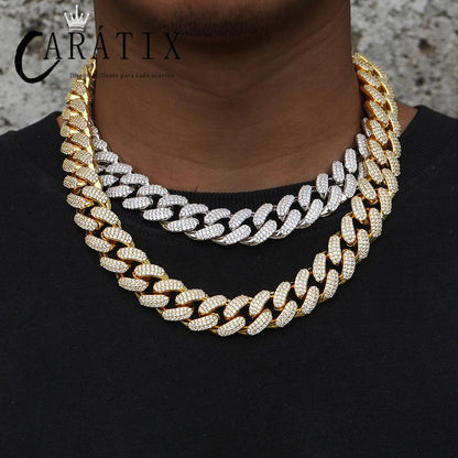 CARÁTIX 18mm Iced Out Cuban Link Chain Necklace – 3 Row CZ Rhombus Hip Hop Bling Jewelry for Men | Rapper Gift