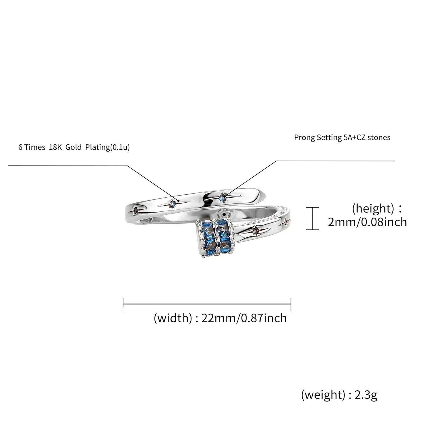 Luxury Blue Zirconia Nail Ring | Heavyweight Open Band Jewelry | Caratix