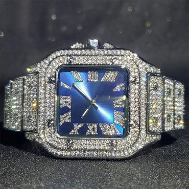 Luxury Blue Dial Roman Numbers Men's Watch | Iced Out Watch Stainless Steel | Luminous Waterproof Analogue Wristwatch | Reloj Hombre | Caratix - CaratixJewelry