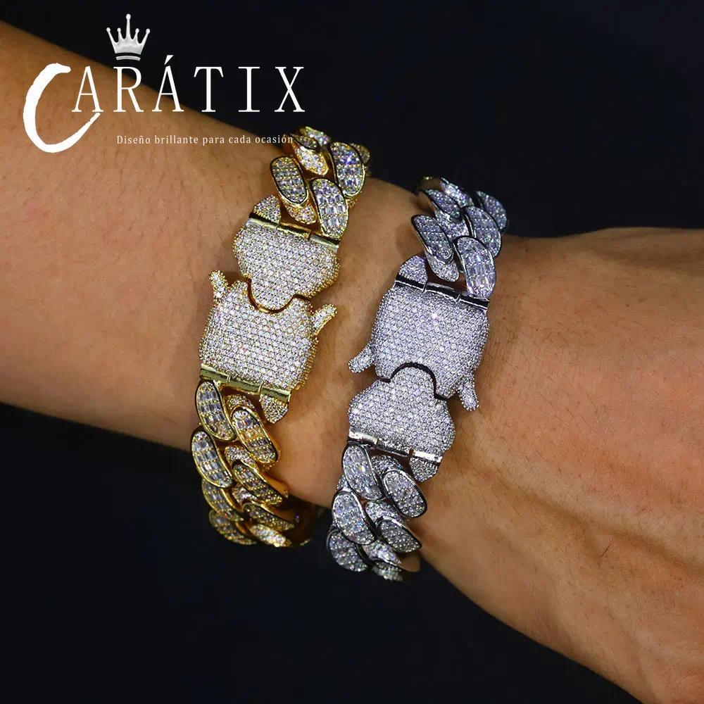 CARÁTIX 18mm Cuban Link Chain Necklace – Micro Pave Rectangular CZ Iced Out Hip Hop Jewelry for Men | Spring Buckle Design