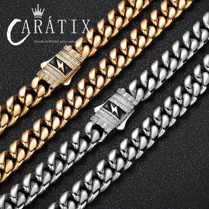 CARÁTIX - Fashion Hot Selling Stainless Steel Cuban Chain Necklace For Men 12MM Lightning Sign Clasp Bracelet Valentine's Day Gift for Men & Girls & Boys Mothers' Day Gift #Springtok