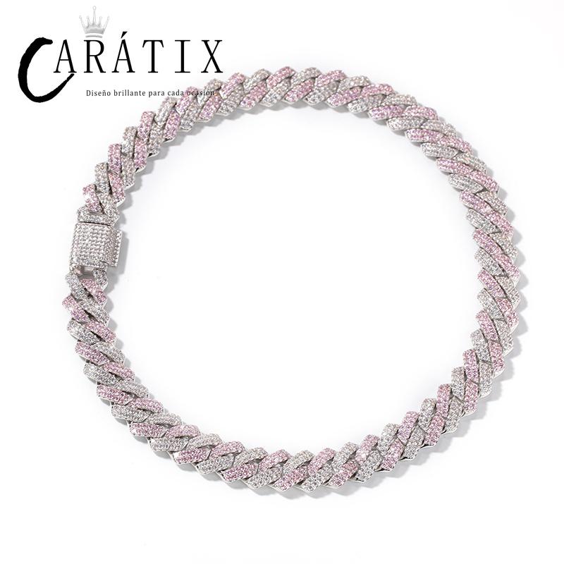 CARÁTIX Two-Tone Pink & White Cuban Link Chain Necklace – AAA CZ Iced Out Hip Hop Bling Jewelry for Men & Women | Rapper Gift