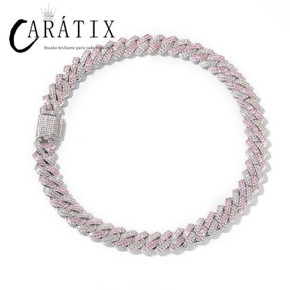 CARÁTIX Two-Tone Pink & White Cuban Link Chain Necklace – AAA CZ Iced Out Hip Hop Bling Jewelry for Men & Women | Rapper Gift