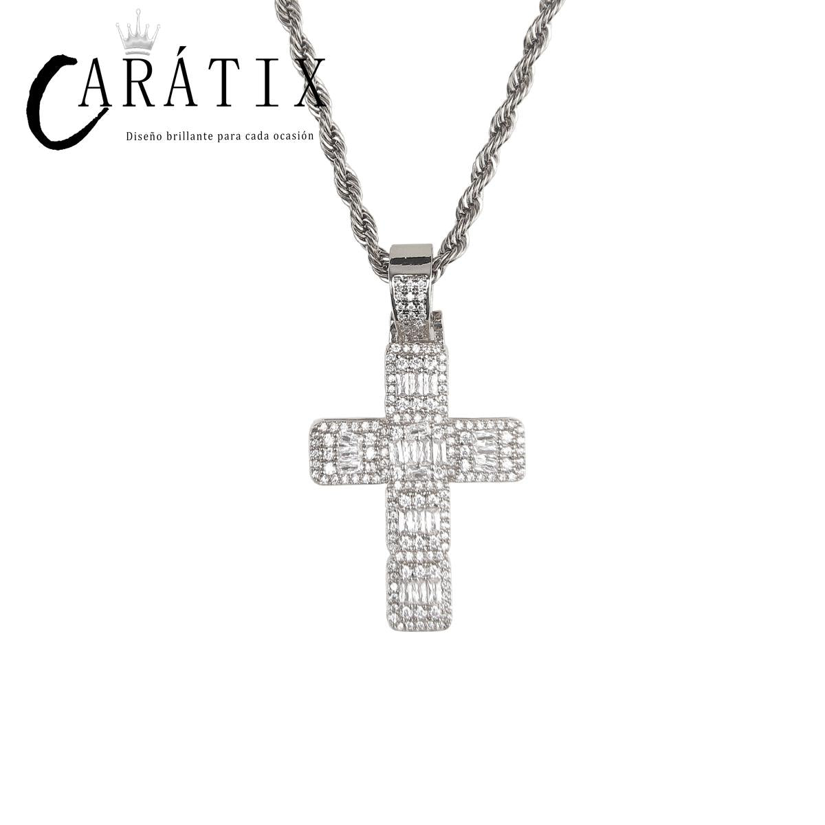 CARÁTIX Bubble Letter Baguette Cross Pendant Necklace – Iced Out Hip Hop Jewelry for Men & Women