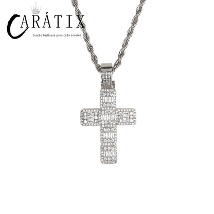 CARÁTIX Bubble Letter Baguette Cross Pendant Necklace – Iced Out Hip Hop Jewelry for Men & Women