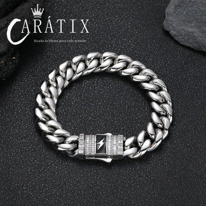 CARÁTIX - Fashion Hot Selling Stainless Steel Cuban Chain Necklace For Men 12MM Lightning Sign Clasp Bracelet Valentine's Day Gift for Men & Girls & Boys Mothers' Day Gift #Springtok
