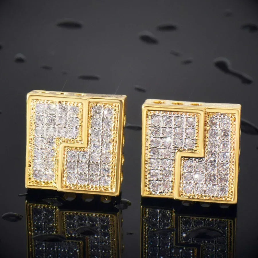 Zircon Square Stud Earrings with Zigzag Design | Retro Hip Hop Jewelry | Caratix Jewelry - CaratixJewelry