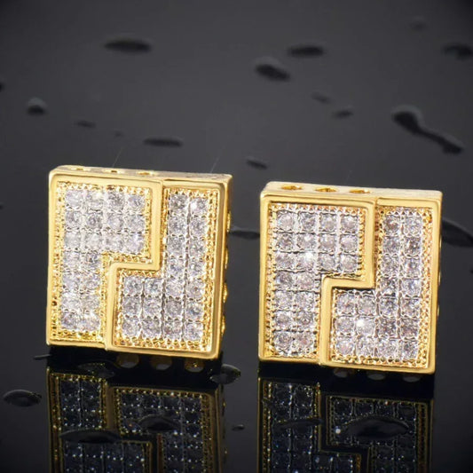 Zircon Square Stud Earrings with Zigzag Design | Retro Hip Hop Jewelry | Caratix Jewelry - CaratixJewelry