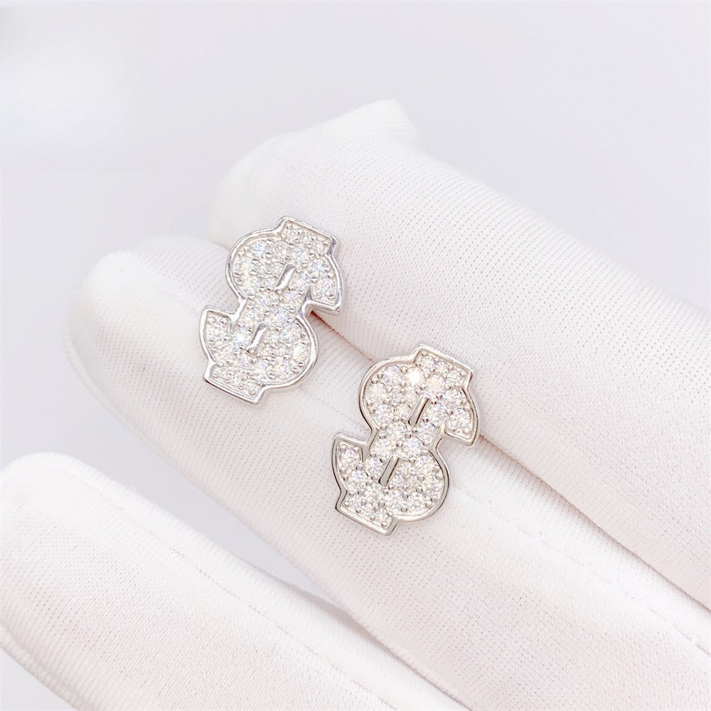 S925 Sterling Silver Money Sign Moissanite Studs | Iced Out Dollar Earring | Caratix