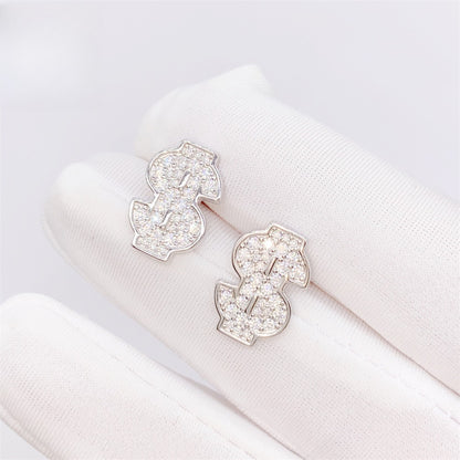 S925 Sterling Silver Money Sign Moissanite Studs | Iced Out Dollar Earring | Caratix