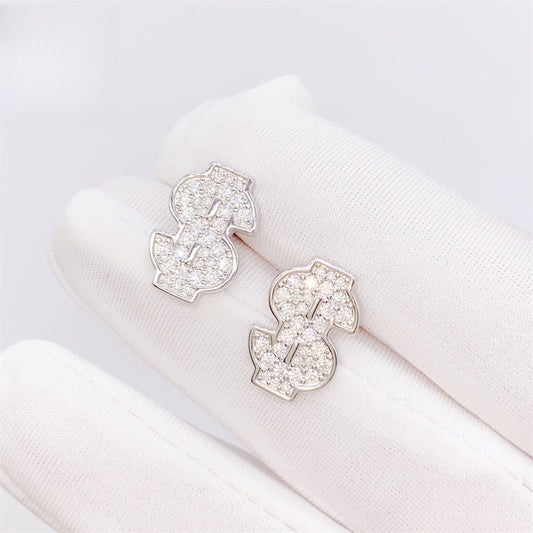 S925 Sterling Silver Money Sign Moissanite Studs | Iced Out Dollar Earring | Caratix