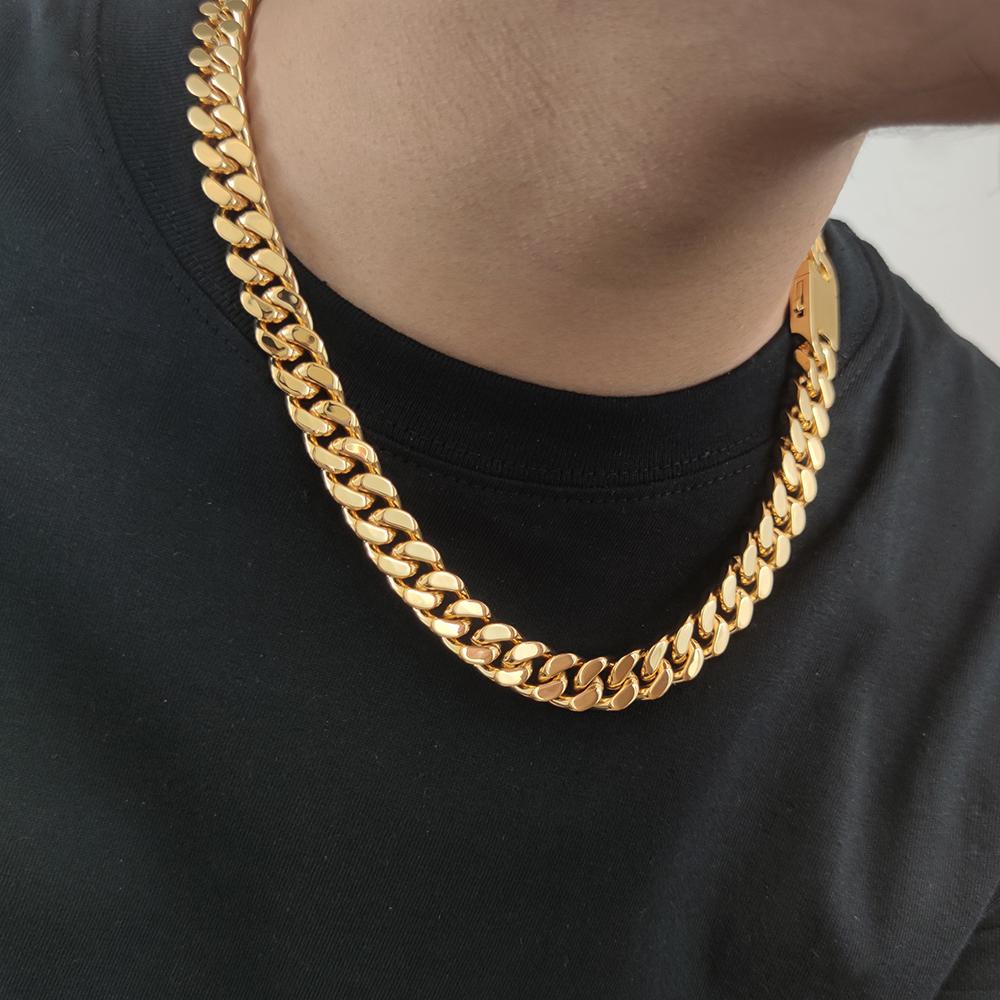 CARÁTIX - 8/10/12/14MM Men's Stainless Steel Chain 4-Sided Cut Hip-Hop Cool Style Jewelry Solid Color Golden Miami Cuban Necklace Valentine's Day Gift for Men & Girls & Boys Mothers' Day Gift #Springtok