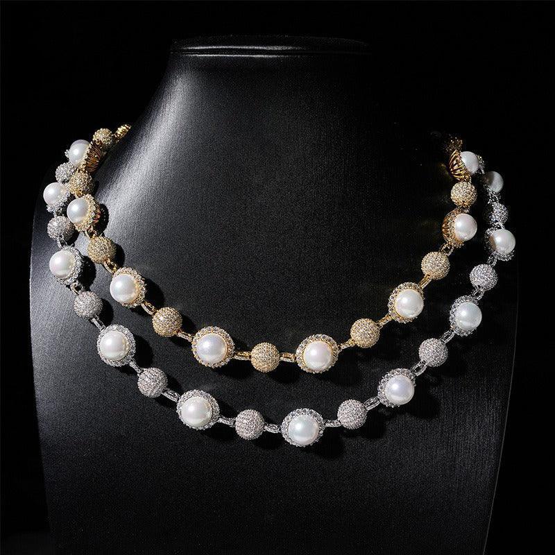 10mm Pearl Moissanite Necklace | S925 Silver Men’s Hip Hop Jewelry - CaratixJewelry