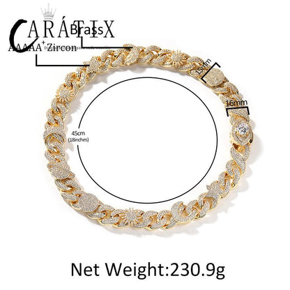CARÁTIX Sun Star Eye Flower Cuban Link Chain Necklace – 5A+ CZ Iced Out Hip Hop Bling Jewelry for Men | Gold & Silver Rapper Gift