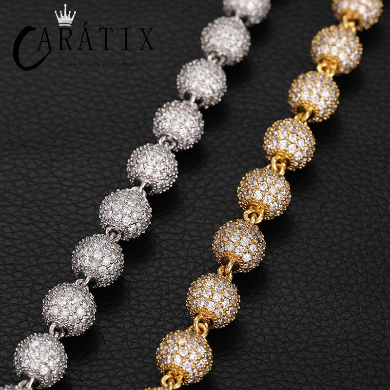 CARÁTIX 10mm Beads Link Chain Necklace – Full CZ Iced Out Hip Hop Bling Jewelry for Men & Women | Rapper Choker Gift