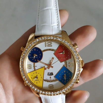 Iced Out Gold Watch Men's Multi-Function Leather | Caratix