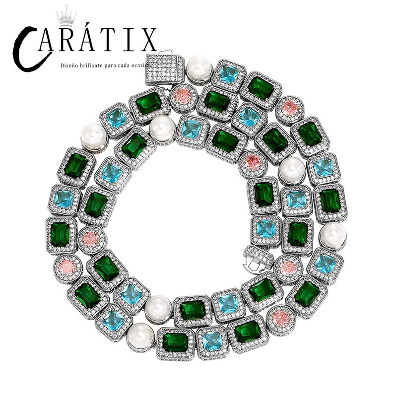 CARÁTIX - 10mm Wide Hip Hop Bling Iced Out Pearl and CZ Stone Paved Tennis Link Chain Cubic Zirconia Chokers Necklaces Men Jewelry Valentine's Day Gift for Men & Girls & Boys Mothers' Day Gift #Springtok