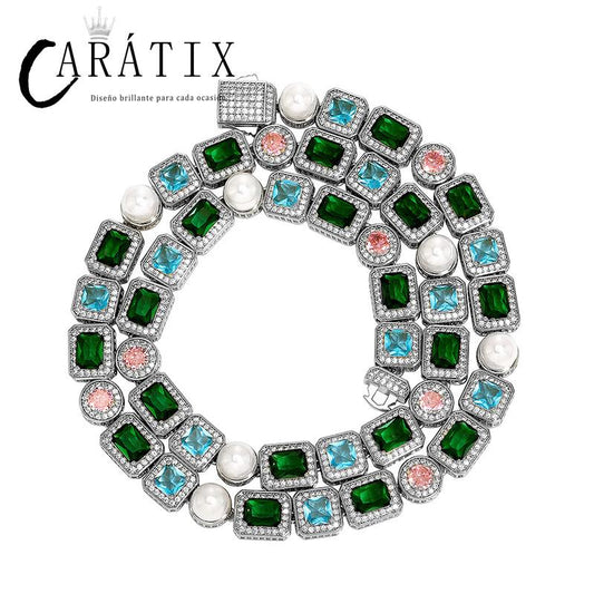 CARÁTIX - 10mm Wide Hip Hop Bling Iced Out Pearl and CZ Stone Paved Tennis Link Chain Cubic Zirconia Chokers Necklaces Men Jewelry Valentine's Day Gift for Men & Girls & Boys Mothers' Day Gift #Springtok