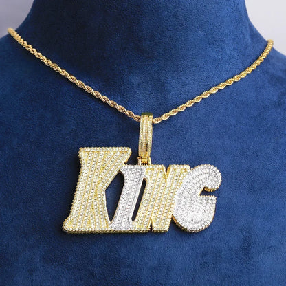 Iced Out "KING" Letter Pendant with Crown | Men's Real Copper CZ Necklace - CaratixJewelry