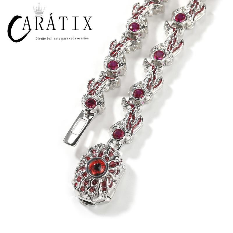 CARÁTIX Red Stone Eyes Thorns Link Chain Necklace – 5A+ CZ Iced Out Hip Hop Bling Jewelry for Men & Women | Rapper Gift