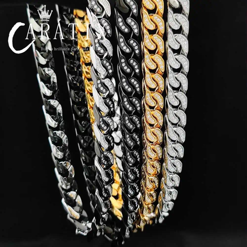 CARÁTIX 12mm Stainless Steel Cuban Link Chain Necklace – Bling Zircon Chunky Hip Hop Jewelry for Men & Women | 16–26 Inches