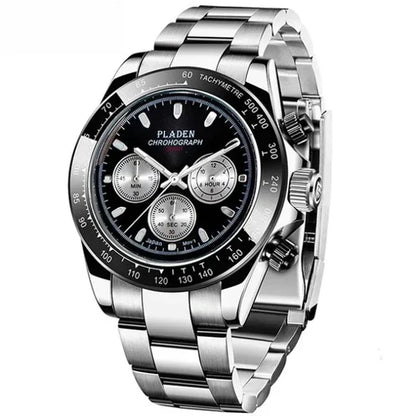 Luxury Three-Eye Men's Watch | Blue Dial Full Stainless Steel Iced Out Watch | Multifunctional Waterproof Quartz Clock | Caratix - CaratixJewelry