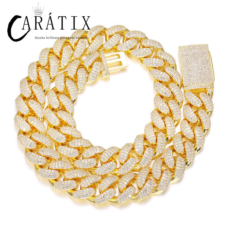 CARÁTIX 18mm Iced Out Cuban Link Chain Necklace – 3 Row CZ Rhombus Hip Hop Bling Jewelry for Men | Rapper Gift