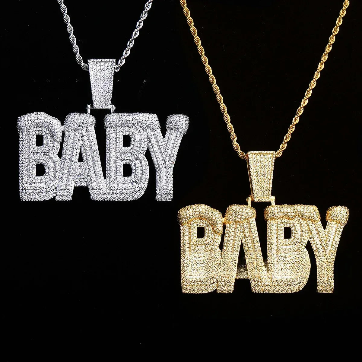 Iced Out "BABY" Letter Pendant | Unisex Real Copper CZ Necklace - CaratixJewelry