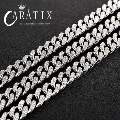 CARÁTIX 12mm Stainless Steel Cuban Link Chain Necklace – Rhinestone CZ Iced Out Hip Hop Jewelry for Men & Women | No Fade Design