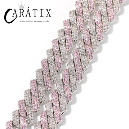 CARÁTIX Two-Tone Pink & White Cuban Link Chain Necklace – AAA CZ Iced Out Hip Hop Bling Jewelry for Men & Women | Rapper Gift