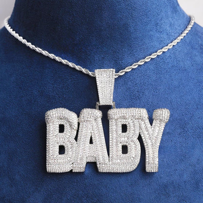 Iced Out "BABY" Letter Pendant | Unisex Real Copper CZ Necklace - CaratixJewelry