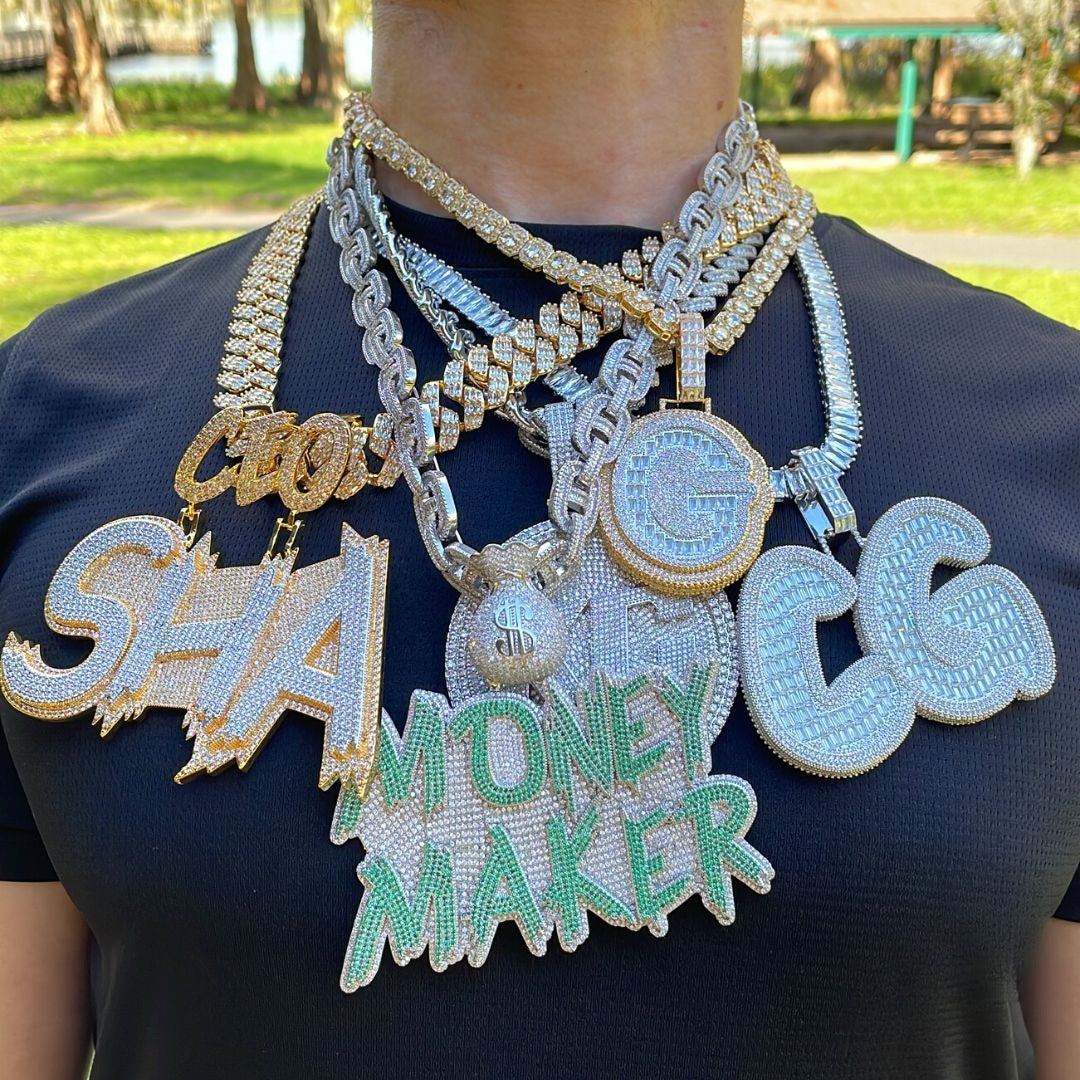 Money Bag Bail Two Tone Solid Iced Out Personalized Custom Name Necklace Pendant - Luxury Custom Jewelry