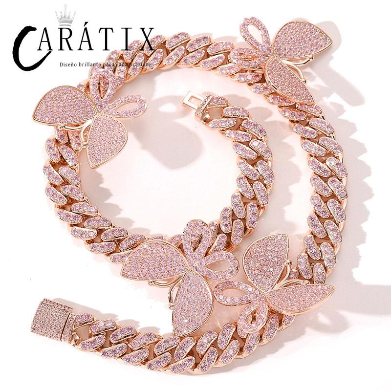 CARÁTIX All Pink Butterfly Cuban Chain | CZ Iced Out Miami Choker Necklace for Men & Women
