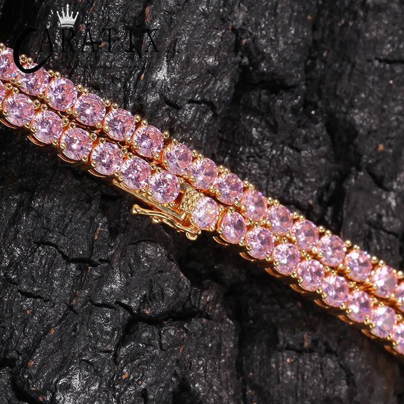 CARÁTIX - 4mm wide Pink/Blue Zircon Tennis Chokers Necklaces for Women Men Bling Iced Out 1 Row CZ Stone Link Chain Hip Hop Rapper Jewelry Valentine's Day Gift for Men & Girls & Boys Mothers' Day Gift #Springtok