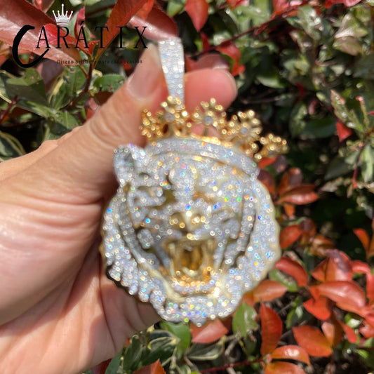 CARÁTIX -Lion Crown Necklace for Men Iced Out Prong Setting Pendant Chain  Double Color Hip Hop Jewelry Valentine's Day Gift for Men & Girls & Boys Mothers' Day Gift #Springtok