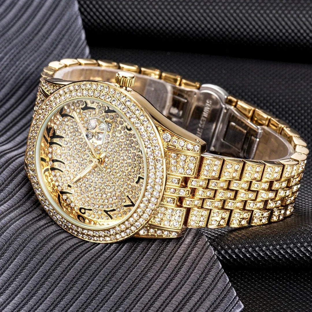 Luxury 18K Gold Men's Iced Out Watch | Full Stainless Steel Wristwatch | Luminous Waterproof Calendar Clock | Caratix - CaratixJewelry