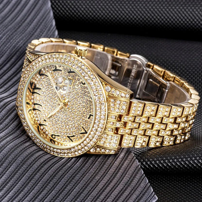 Luxury 18K Gold Men's Iced Out Watch | Full Stainless Steel Wristwatch | Luminous Waterproof Calendar Clock | Caratix - CaratixJewelry