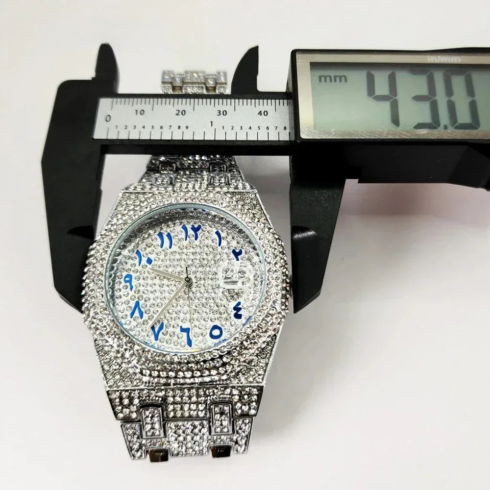 Luxury Octagonal Gold Watch for Men | Blue Numerals Full Iced Out Watch | Waterproof Calendar Hip Hop Wristwatch | Caratix - CaratixJewelry