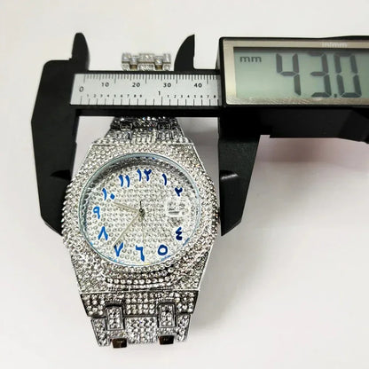 Luxury Octagonal Gold Watch for Men | Blue Numerals Full Iced Out Watch | Waterproof Calendar Hip Hop Wristwatch | Caratix - CaratixJewelry