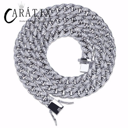 CARÁTIX 10MM Miami Cuban Chain Necklace – Iced Out Hip Hop Jewelry with Paved CZ Rhinestones for Men & Women
