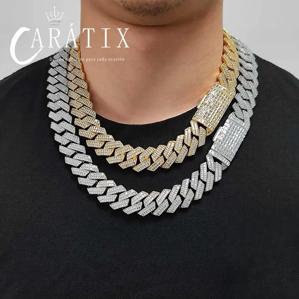CARÁTIX 20mm Miami Cuban Link Chain Necklace – 2 Row Rectangle CZ Iced Out Hip Hop Bling Jewelry for Men | White Copper Gift