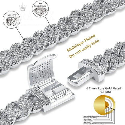 CARÁTIX 14mm 2-Row Prong Cuban Link Chain Necklace – Cubic Zirconia Iced Out Hip Hop Bling Jewelry for Men | White Miami Style