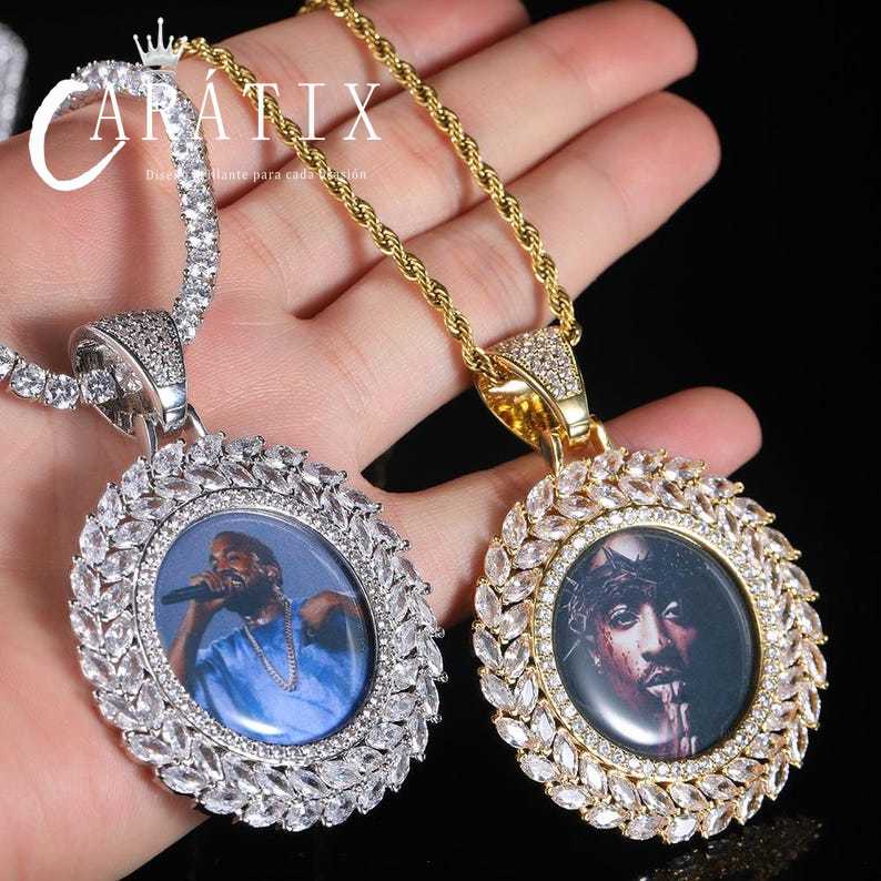 Personalized Wheat Circle Photo Pendant Necklace - Custom Hip Hop Iced Out Copper Zircon Picture Frame Jewelry for Men & Women - Memorial Gift