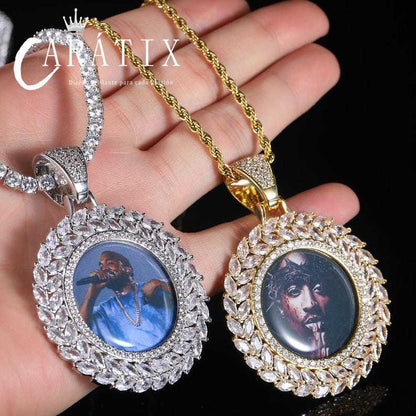 Personalized Wheat Circle Photo Pendant Necklace - Custom Hip Hop Iced Out Copper Zircon Picture Frame Jewelry for Men & Women - Memorial Gift