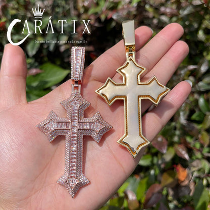 CARÁTIX Bubble Letter Iced Out Cross Necklace – Copper Hip Hop CZ Jewelry for Men & Women