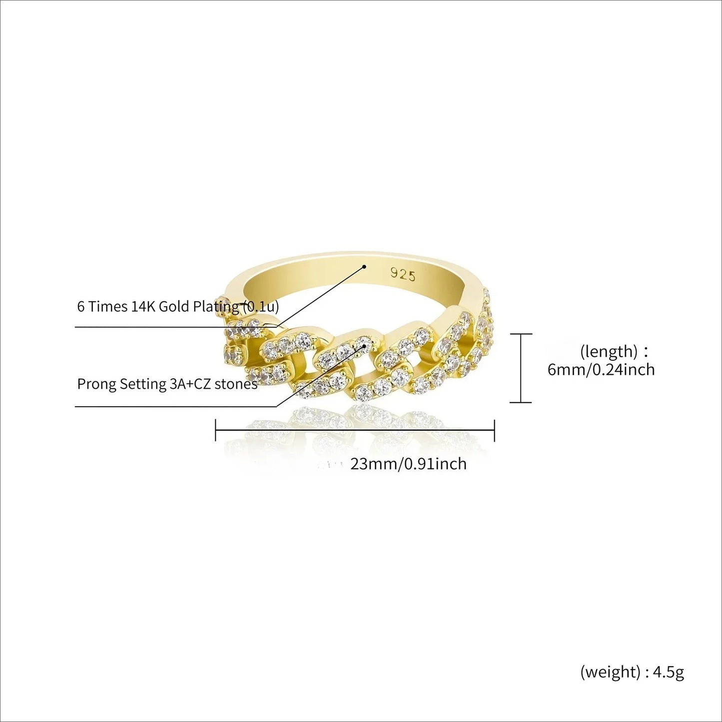 Solid 925 Sterling Silver Cuban Link Ring | Iced Out Hip Hop Band | Caratix