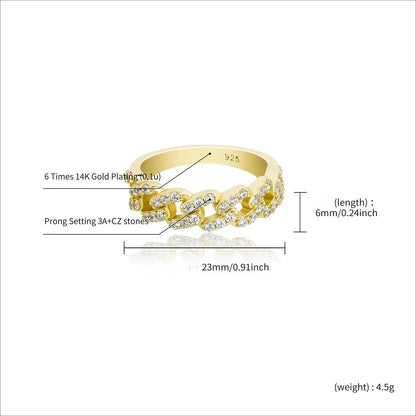 Solid 925 Sterling Silver Cuban Link Ring | Iced Out Hip Hop Band | Caratix