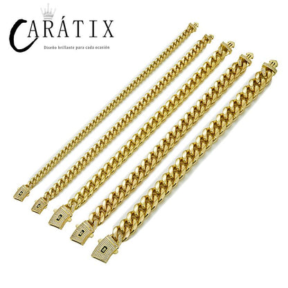 CARÁTIX Gold Stainless Steel Cuban Link Chain Necklace – CZ Iced Out Hip Hop Bling Jewelry for Men | Box Lock Rapper Gift
