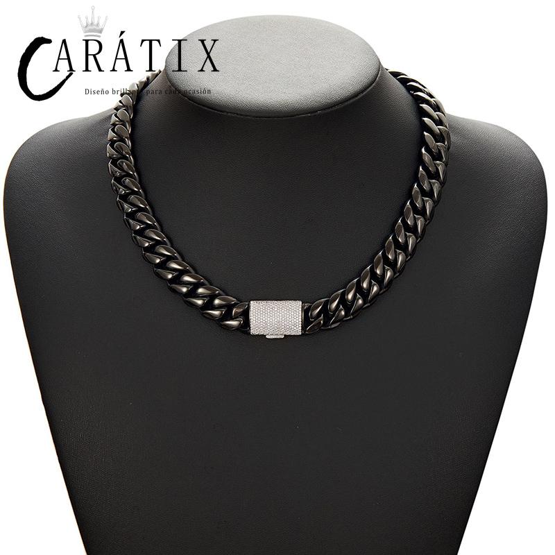 CARÁTIX - Hip Hop Bling Iced Out Stainless Steel 14mm Round Cuban Miami Link Chain Necklace for Men Rapper Jewelry Black Color Valentine's Day Gift for Men & Girls & Boys Mothers' Day Gift #Springtok